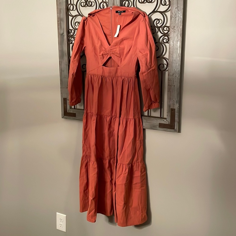 Madewell Rust Orange Tiered Long Sleeve Cutout Maxi Dress